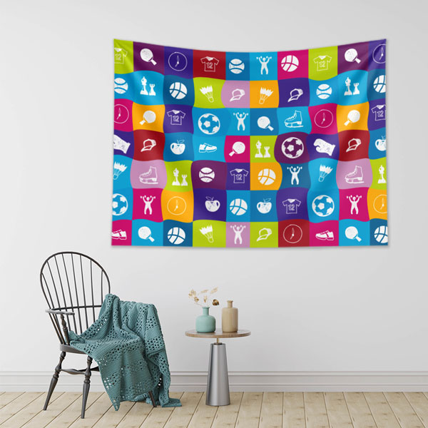 Renkli Karelerde Spor İkonları Duvar Örtüsü 8443