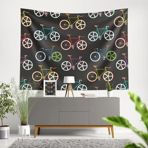 Renkli Bisiklet Desenli Duvar Örtüsü - Koyu Fon 8445