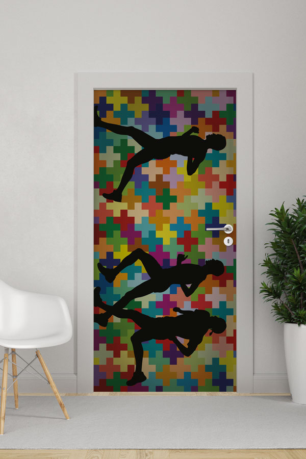 Renkli Mozaik Fonlu Sporcu Silüetleri Kapı Giydirme 8961