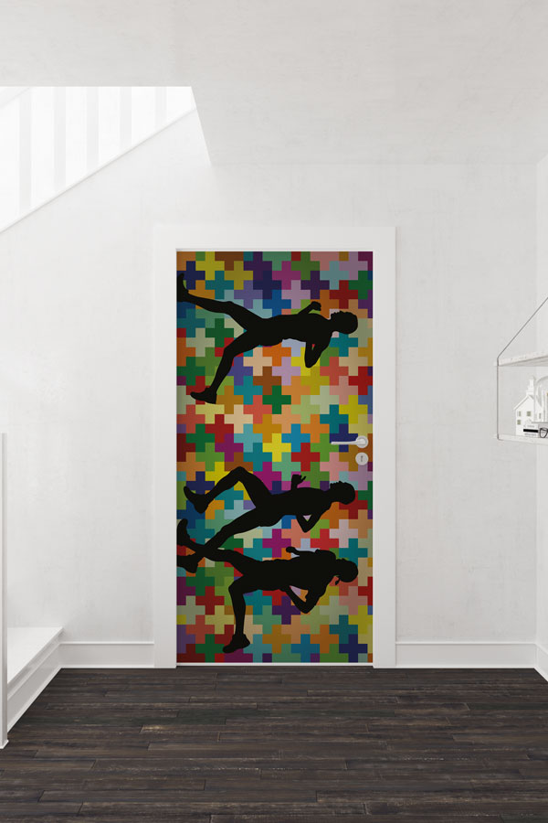 Renkli Mozaik Fonlu Sporcu Silüetleri Kapı Giydirme 8961