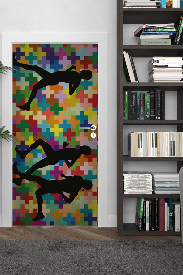 Renkli Mozaik Fonlu Sporcu Silüetleri Kapı Giydirme 8961