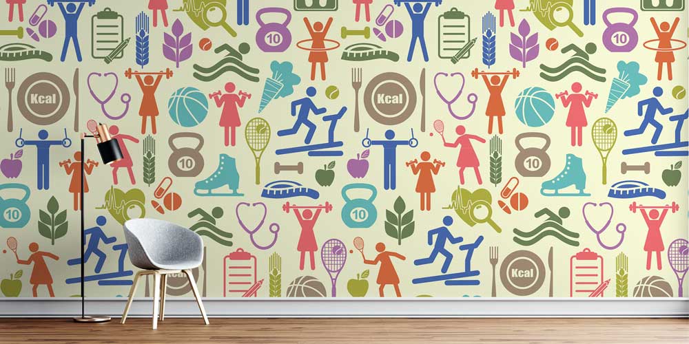 Sağlıklı Yaşam ve Spor Temalı Desenli Duvar Kağıdı 1068