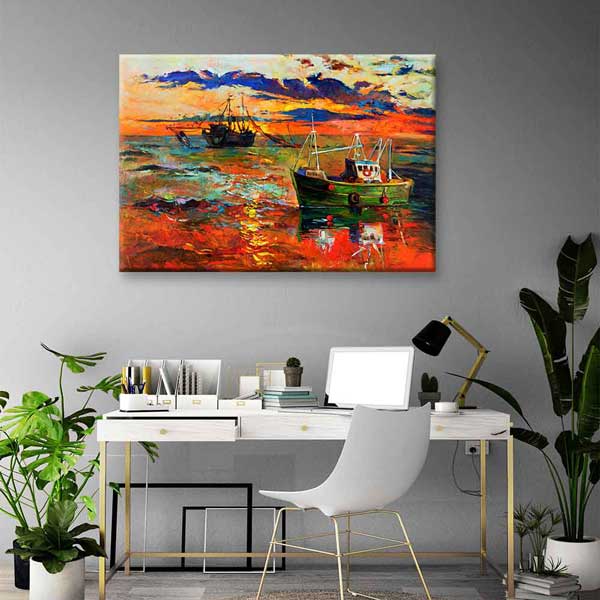 Gün Batımında Balıkçı Tekneleri Manzara Kanvas Tablo 2136