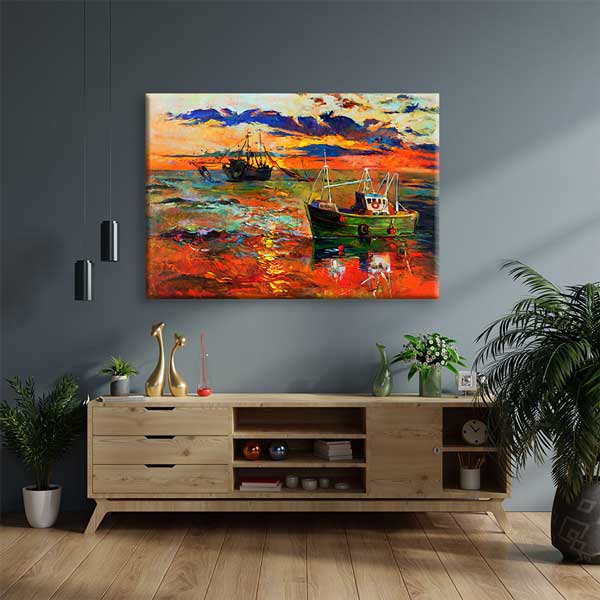 Gün Batımında Balıkçı Tekneleri Manzara Kanvas Tablo 2136