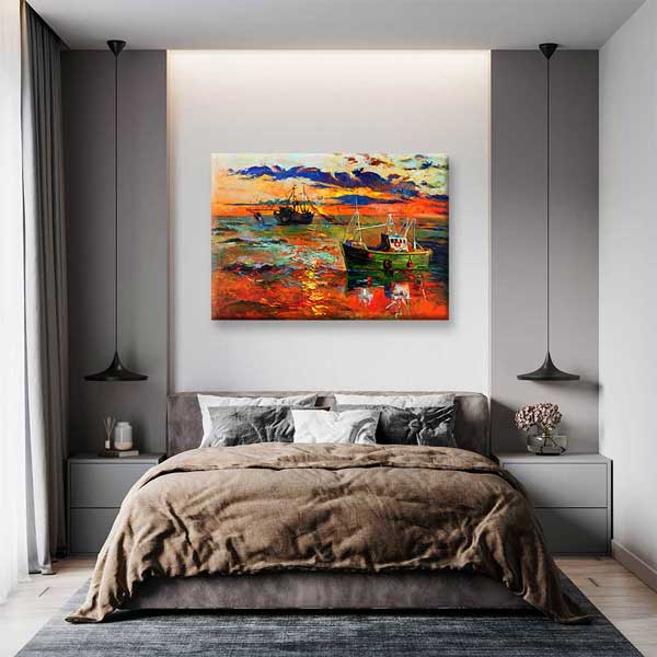 Gün Batımında Balıkçı Tekneleri Manzara Kanvas Tablo 2136
