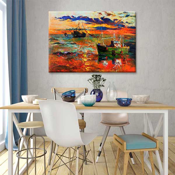 Gün Batımında Balıkçı Tekneleri Manzara Kanvas Tablo 2136