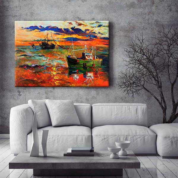 Gün Batımında Balıkçı Tekneleri Manzara Kanvas Tablo 2136