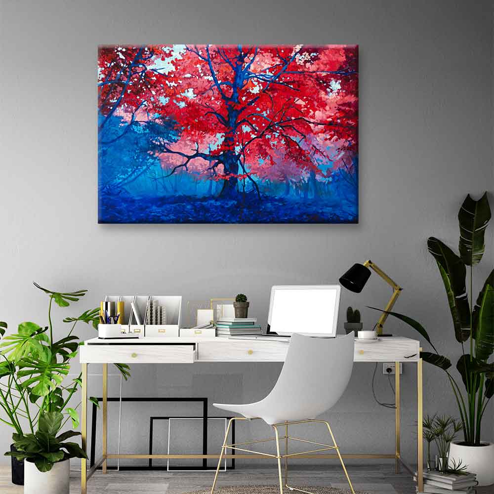 Kırmızı Yapraklı Ağaç ve Mavi Orman Kanvas Tablo 4388