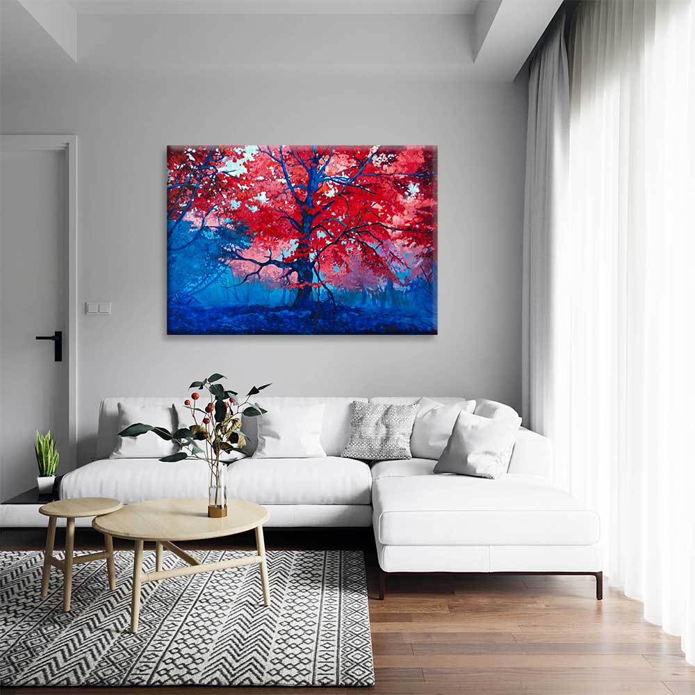Kırmızı Yapraklı Ağaç ve Mavi Orman Kanvas Tablo 4388