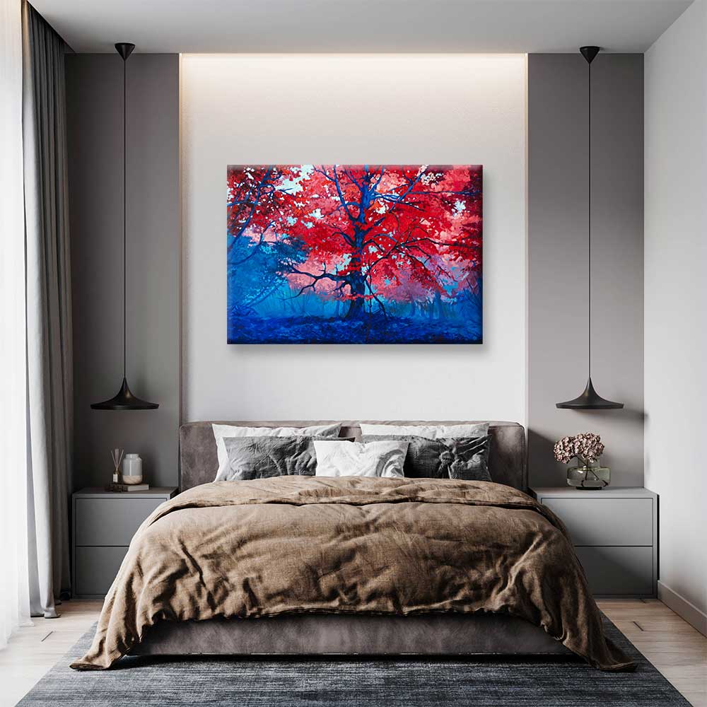 Kırmızı Yapraklı Ağaç ve Mavi Orman Kanvas Tablo 4388