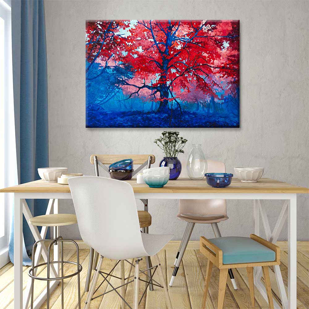 Kırmızı Yapraklı Ağaç ve Mavi Orman Kanvas Tablo 4388