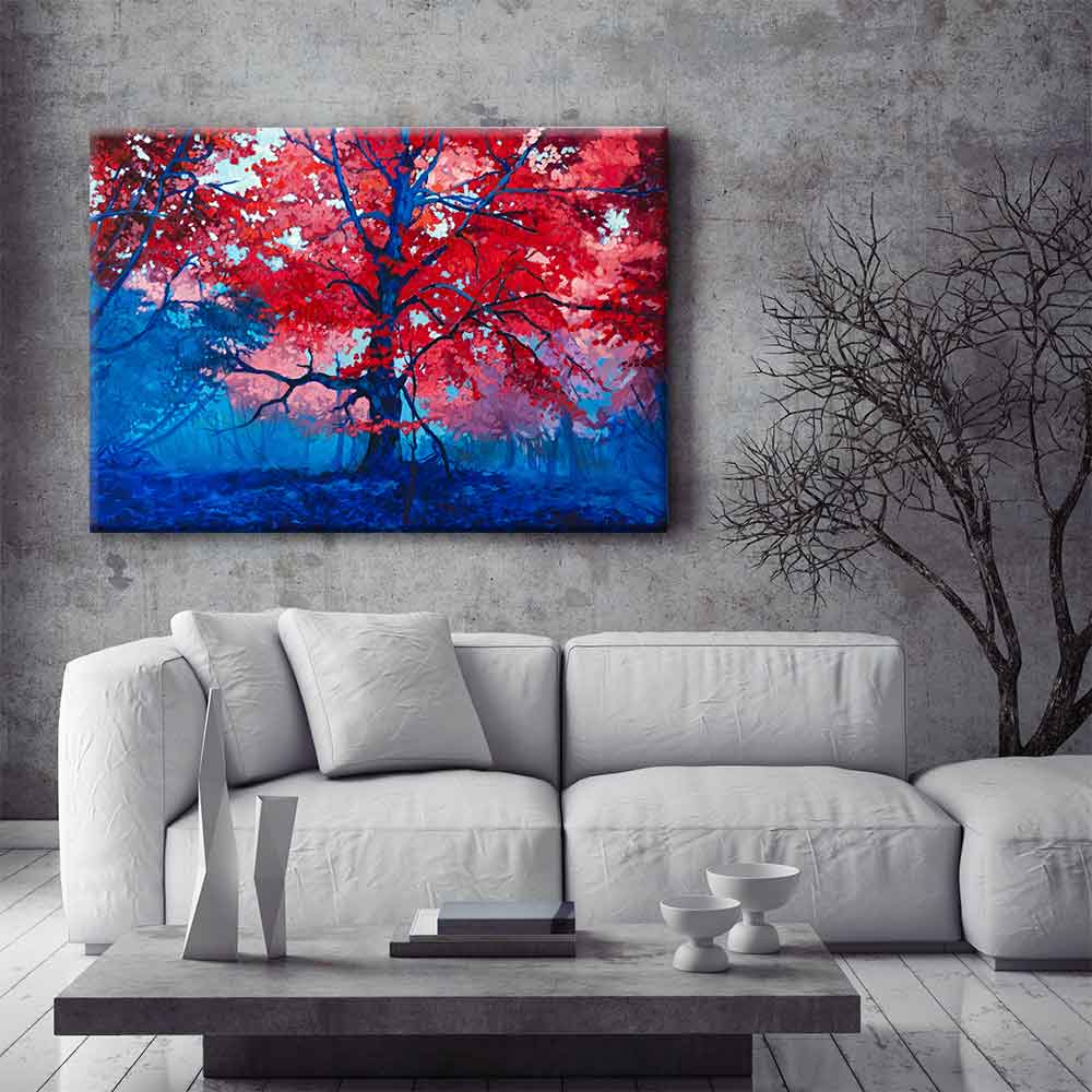 Kırmızı Yapraklı Ağaç ve Mavi Orman Kanvas Tablo 4388