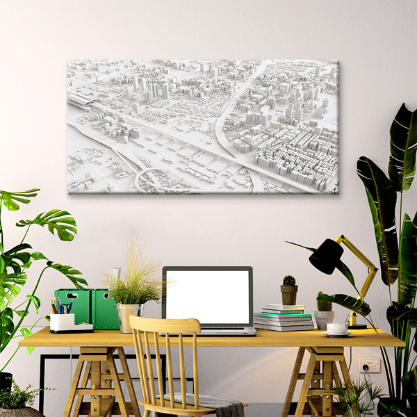 tablo-kanvas-5548-01 3D Şehir Maketi Beyaz Tonlarda Mimari Duvar Tablosu – 5548