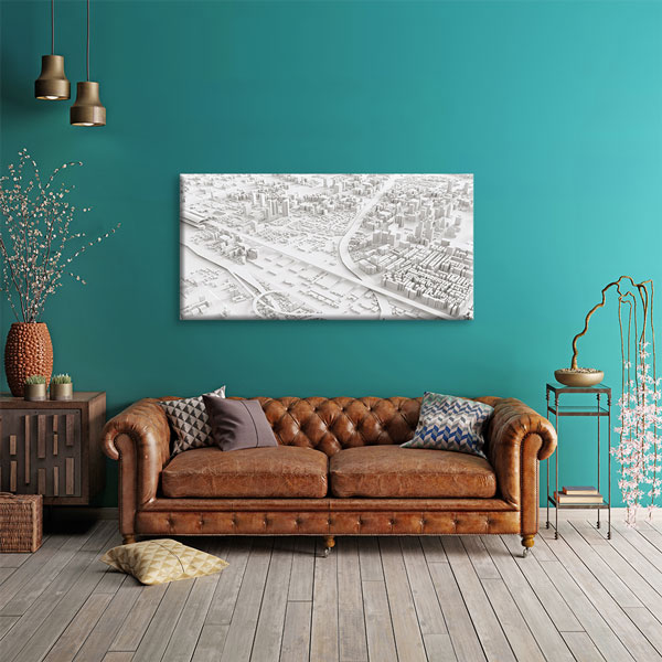 tablo-kanvas-5548-02 3D Şehir Maketi Beyaz Tonlarda Mimari Duvar Tablosu – 5548
