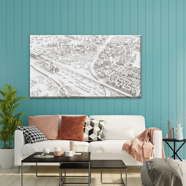 tablo-kanvas-5548-05 3D Şehir Maketi Beyaz Tonlarda Mimari Duvar Tablosu – 5548