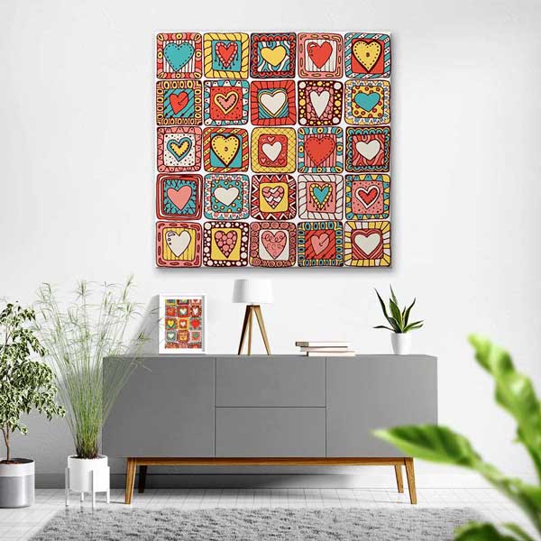 Renkli Desenli Kalpler Romantik Kanvas Tablo 4471
