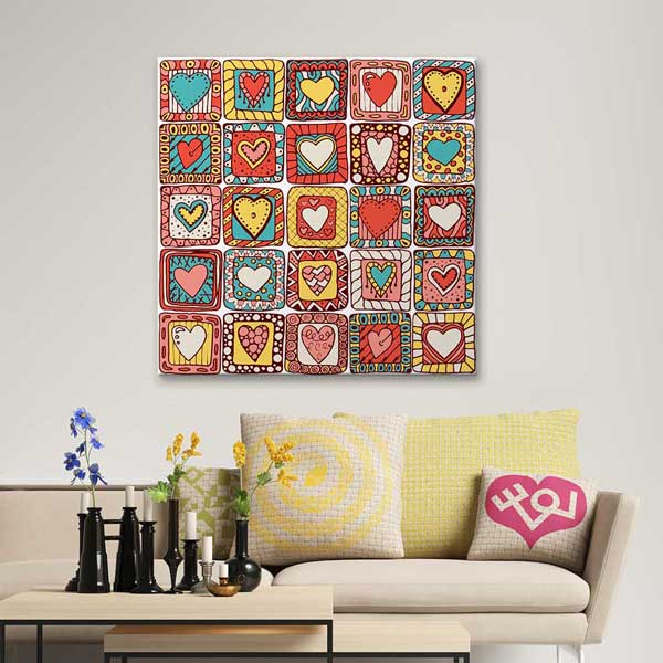 Renkli Desenli Kalpler Romantik Kanvas Tablo 4471