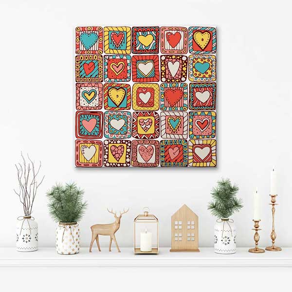 Renkli Desenli Kalpler Romantik Kanvas Tablo 4471