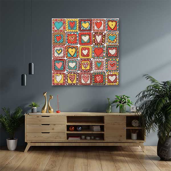 Renkli Desenli Kalpler Romantik Kanvas Tablo 4471