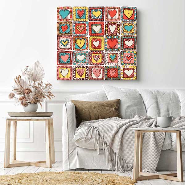 Renkli Desenli Kalpler Romantik Kanvas Tablo 4471