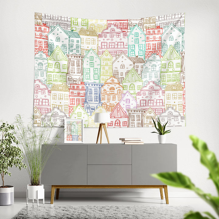 Renkli Ev Desenli Modern Duvar Örtüsü Kumaş Baskı 5611