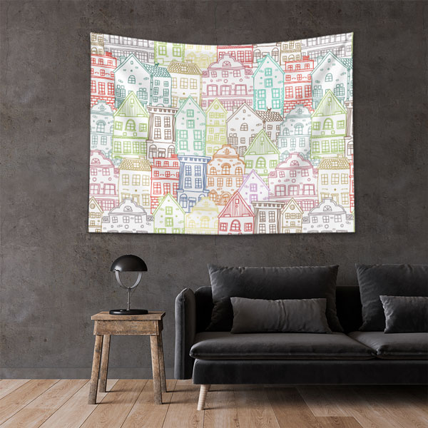 Renkli Ev Desenli Modern Duvar Örtüsü Kumaş Baskı 5611