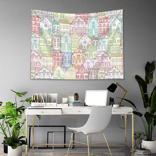 Renkli Ev Desenli Modern Duvar Örtüsü Kumaş Baskı 5611