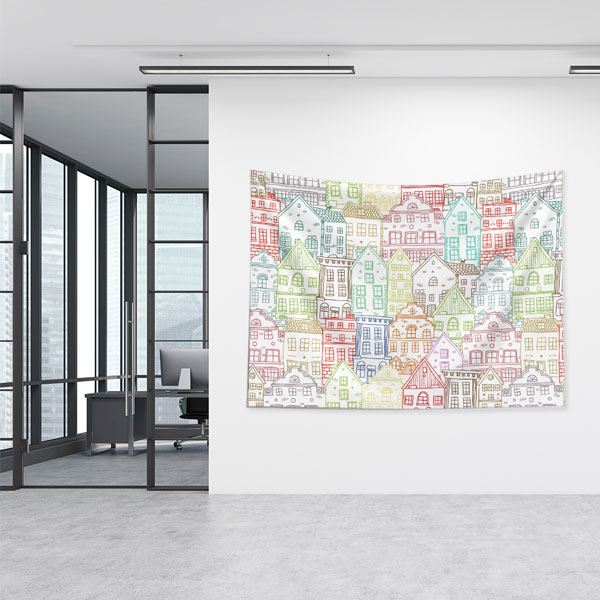 Renkli Ev Desenli Modern Duvar Örtüsü Kumaş Baskı 5611