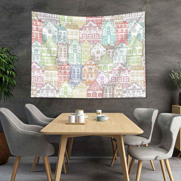 Renkli Ev Desenli Modern Duvar Örtüsü Kumaş Baskı 5611