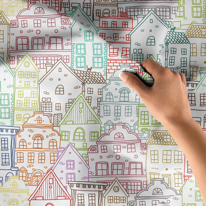 Renkli Ev Desenli Modern Duvar Örtüsü Kumaş Baskı 5611