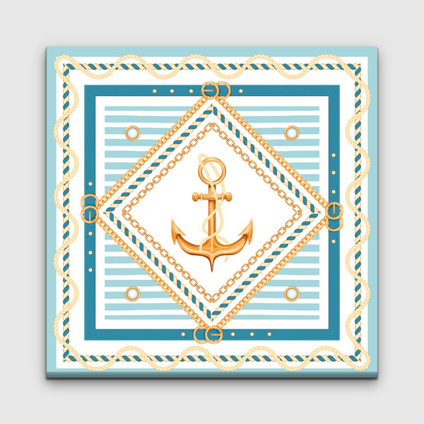 Altın Çapa Motifli Marin Desen Deniz Temalı Duvar Tablosu 4596