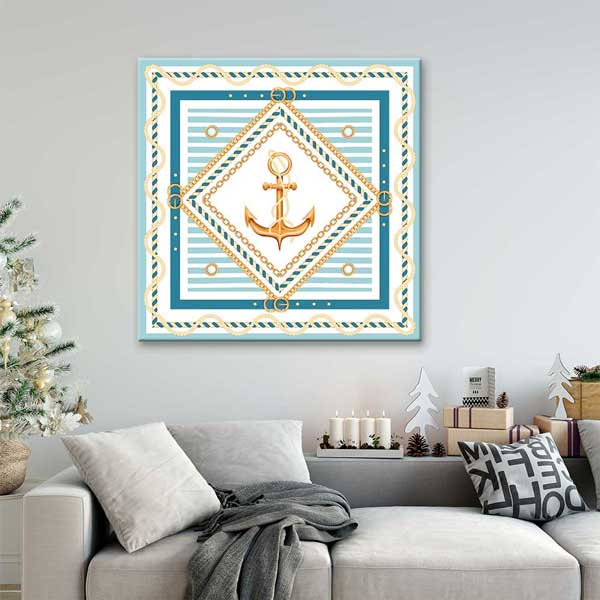 Altın Çapa Motifli Marin Desen Deniz Temalı Duvar Tablosu 4596