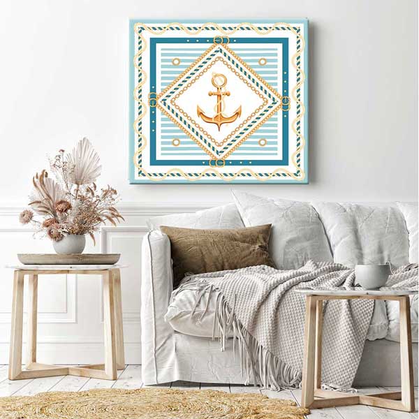 Altın Çapa Motifli Marin Desen Deniz Temalı Duvar Tablosu 4596