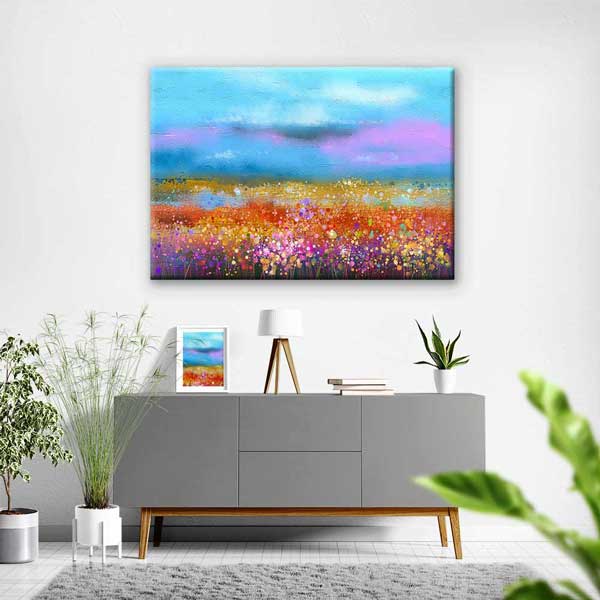 Renkli Çiçek Tarlası ve Mavi Gökyüzü Kanvas Tablo 4387