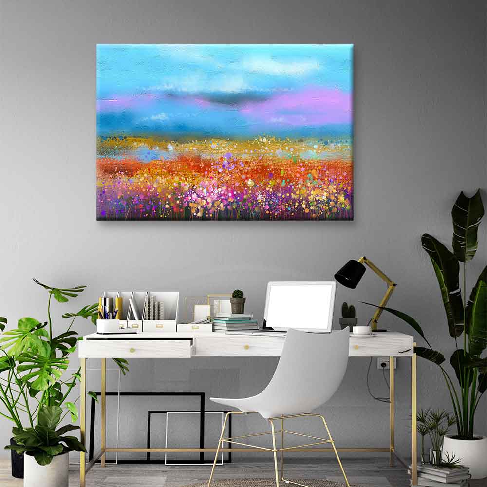 Renkli Çiçek Tarlası ve Mavi Gökyüzü Kanvas Tablo 4387