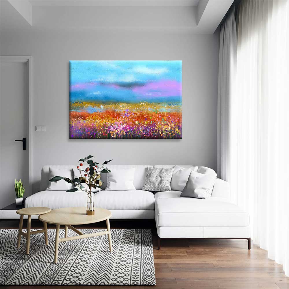 Renkli Çiçek Tarlası ve Mavi Gökyüzü Kanvas Tablo 4387