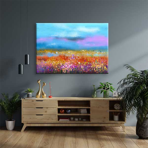 Renkli Çiçek Tarlası ve Mavi Gökyüzü Kanvas Tablo 4387