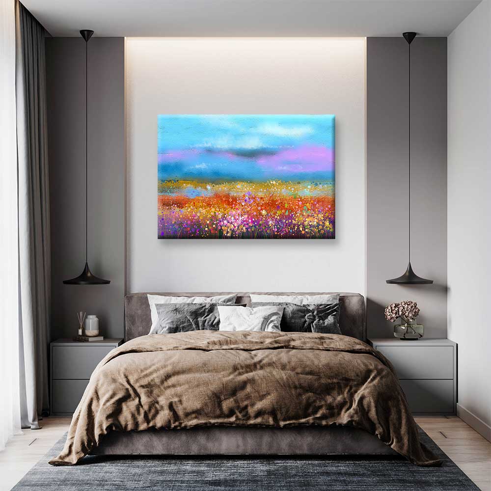 Renkli Çiçek Tarlası ve Mavi Gökyüzü Kanvas Tablo 4387