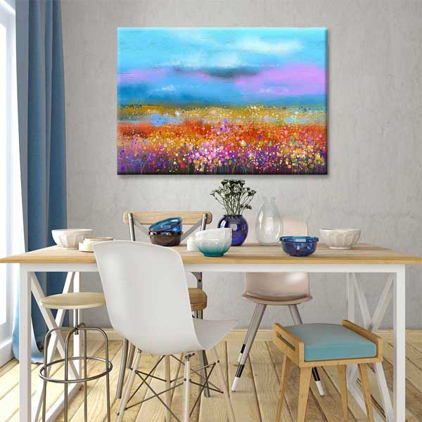 Renkli Çiçek Tarlası ve Mavi Gökyüzü Kanvas Tablo 4387