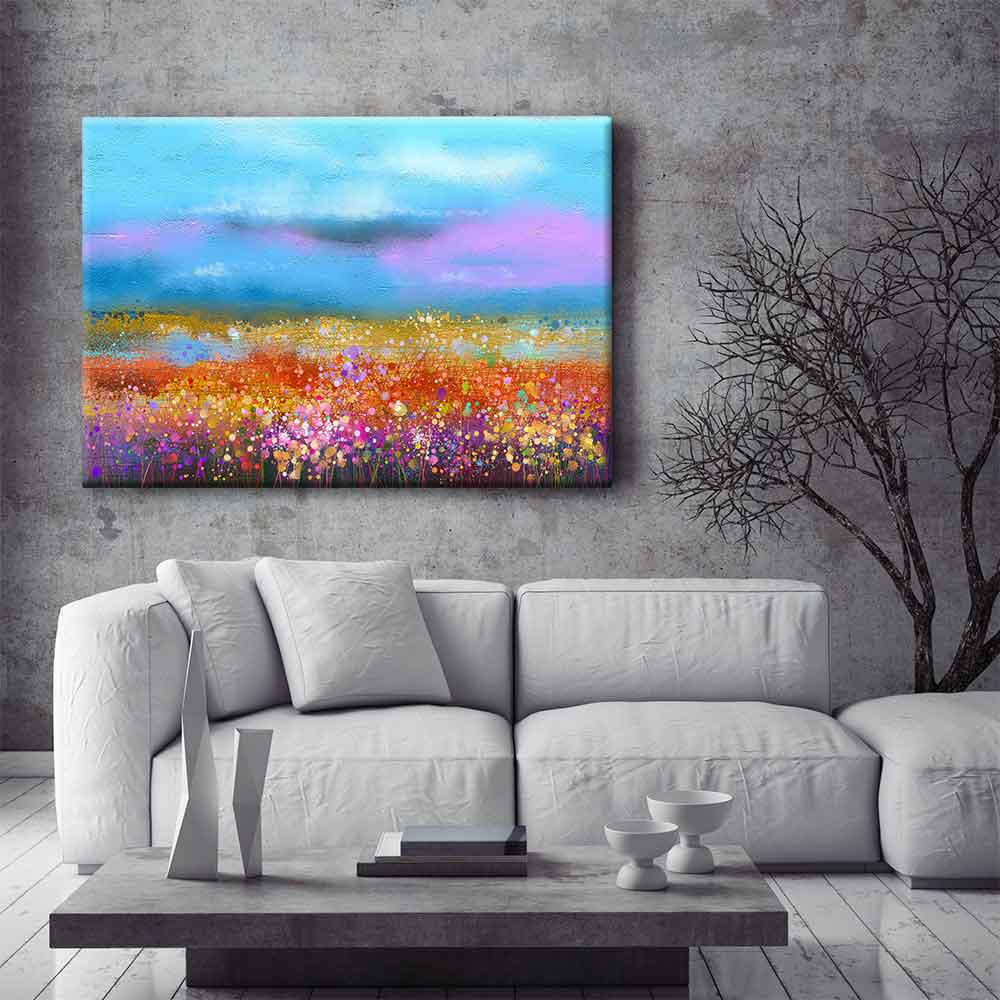 Renkli Çiçek Tarlası ve Mavi Gökyüzü Kanvas Tablo 4387
