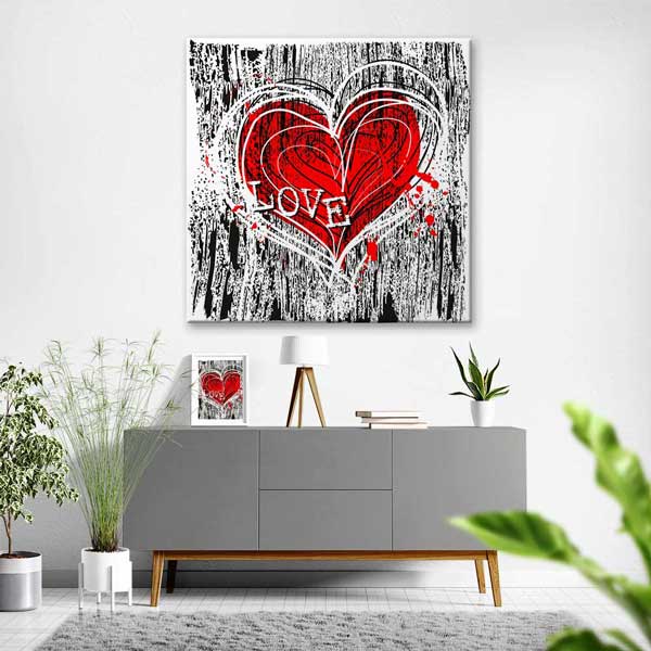 Grunge Kırmızı Kalp Love Kanvas Tablo 4470