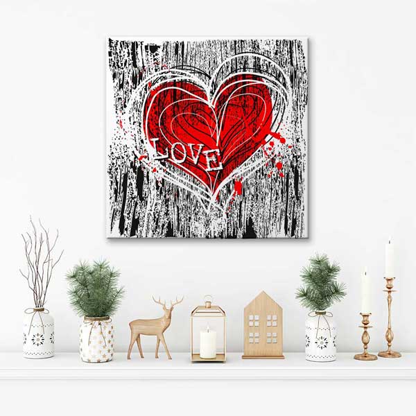 Grunge Kırmızı Kalp Love Kanvas Tablo 4470