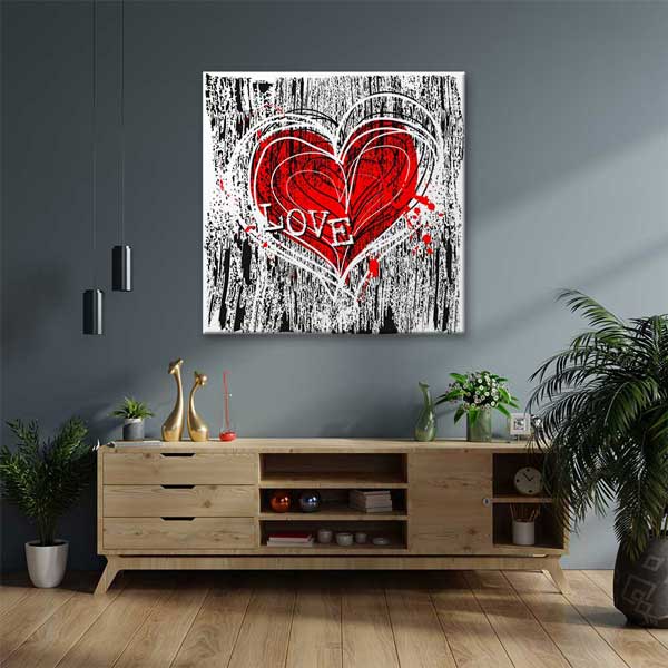 Grunge Kırmızı Kalp Love Kanvas Tablo 4470