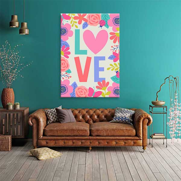 Çiçek Çerçeveli Love Kalp Romantik Kanvas Tablo 4481