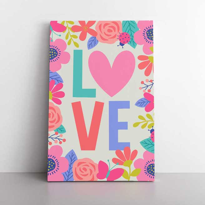 Çiçek Çerçeveli Love Kalp Romantik Kanvas Tablo 4481