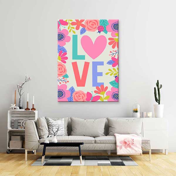 Çiçek Çerçeveli Love Kalp Romantik Kanvas Tablo 4481