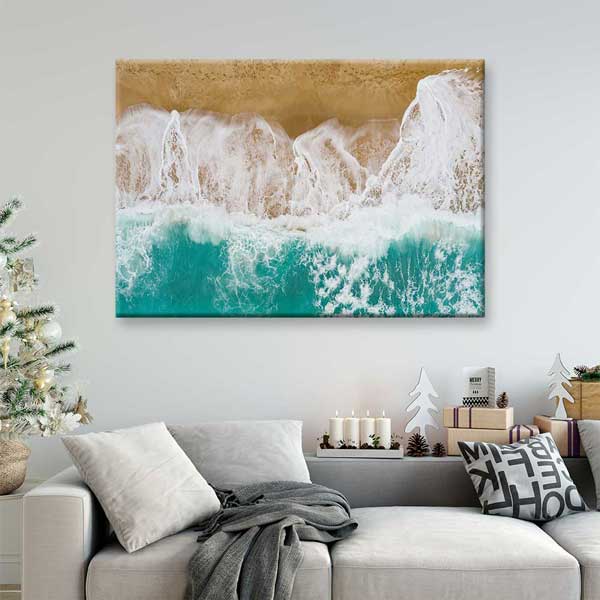 Kumsala Vuran Turkuaz Dalgalar Üstten Görünüm Deniz Temalı Duvar Tablosu 4592
