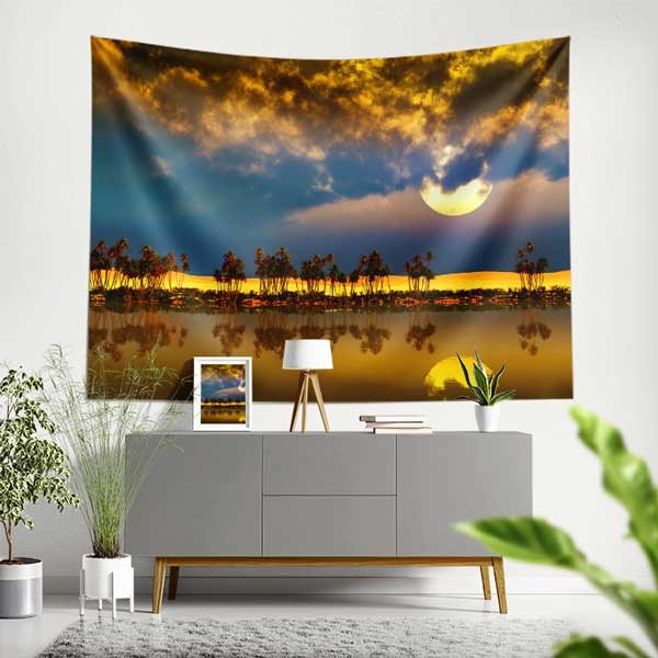 tapestry-design-14280-00 Afrika Çölü Ay Manzarası ve Palmiye Siluetleri Duvar Örtüsü Kumaş Baskı 14280