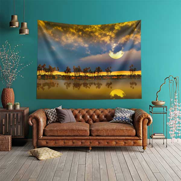 Afrika Çölü Ay Manzarası ve Palmiye Siluetleri Duvar Örtüsü Kumaş Baskı 14280