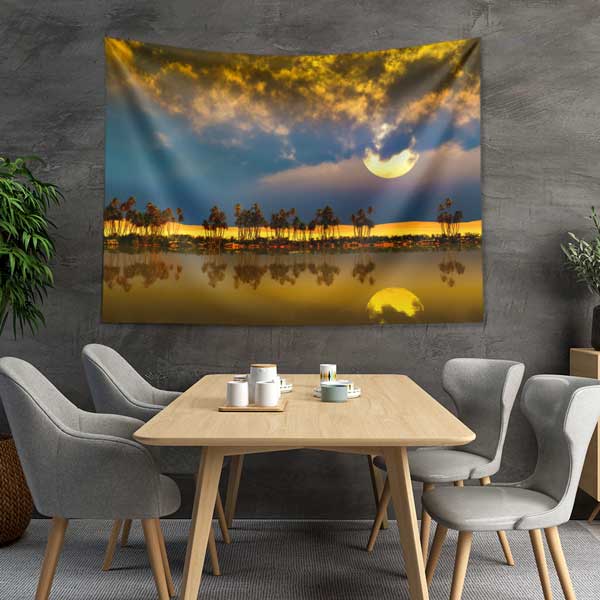 Afrika Çölü Ay Manzarası ve Palmiye Siluetleri Duvar Örtüsü Kumaş Baskı 14280